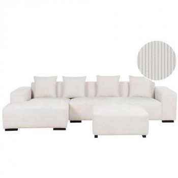 Sofá Esquinero L de 4 Plazas con Otomana en Pana Color Blanco Crema, Derecho, Incluye Cojines Decorativos