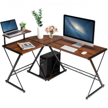 Costway 58'' x 44'' L-Shaped Gaming Desk with Monitor Stand - Walnut