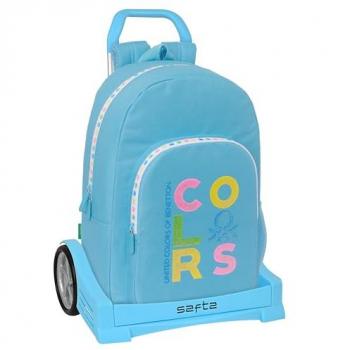 Mochila Escolar con Ruedas Benetton Spring Azul Cielo 30 x 46 x 14 cm, con carro evolution incluido, ideal para niños de diferentes edades, cómoda y versátil, calidad y resistencia