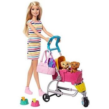 Barbie y su Carrito para Mascotas, Muñeca Rubia con accesorios y perritos