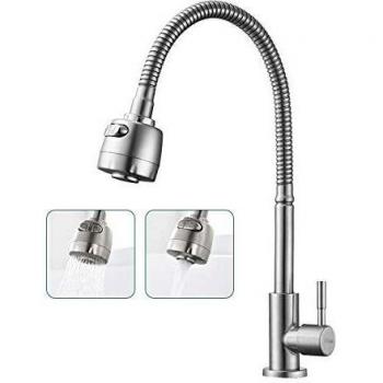 AiHom Grifo de Cocina Flexible para Agua Fría Grifo de 2 Funciones Rociador 360°Rotación Grifo Cepillado Grifo de Fregadero 304 Acero Inoxidable