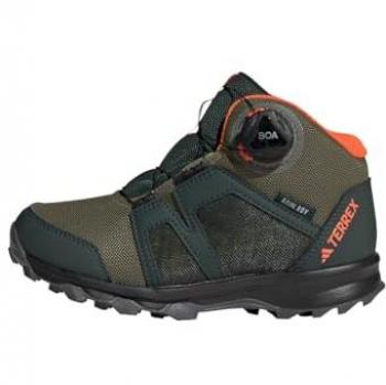 Botas de montaña adidas Terrex Boa Mid R.RDY infantiles, características: impermeables, diseño alto, sistema de ajuste BOA, suela de tracción Continental™, color verde y naranja, talla 34 EU