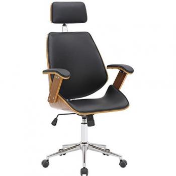 Silla de oficina giratoria regulable en cuero sintético y madera nogal/negro, elegante, con base de metal