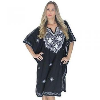La Leela señoras bordadas 5 en 1 100% rayón túnica relajó la parte superior noche informal vestido traje de baño del bikini del kimono bata cubrir loungewear ropa de playa corto caftán negro
