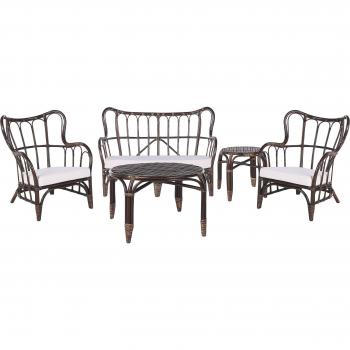 Conjunto de jardín Brindisi de ratán marrón oscuro y beige con 2 mesas, 2 sillones y cojines boho