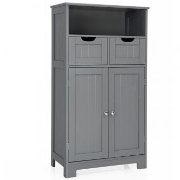 Armario del Baño Costway con Repisa Abierta, 2 Puertas y 2 Cajones, Mueble de Suelo Auxiliar para Salón, Baño, Habitación, Casa u Oficina, Color Gris, Dimensiones: