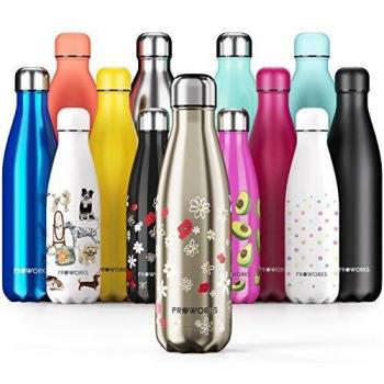Proworks Botellas de Agua Deportiva de Acero Inoxidable | Cantimplora Termo con Doble Aislamiento para 12 Horas de Bebida Caliente y 24 Horas de Bebida Fría - Libre de BPA - 500ml – Oro - Margarita