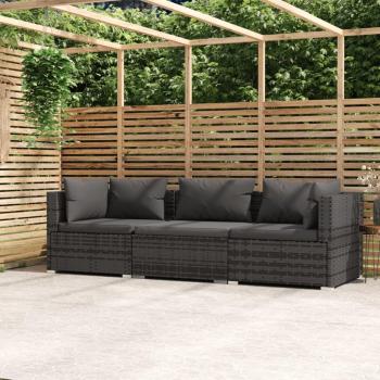vidaXL Grey Poly Rattan 3-Seater Sofa with Cushions