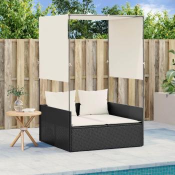 Cama solar con techo y cortinas negras en Polyrattan