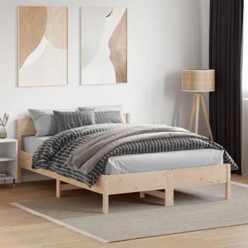 Cama sin colchón 120x190 cm en madera maciza de pino con cabecero, color marrón, estructura robusta y diseño moderno