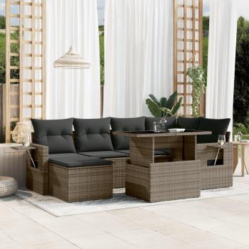 7-Piece Grey Poly Rattan Garden Sofa Set with Cushions