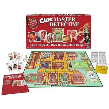 Clue Master Detective Board Game - Classic deduction game, 2-8 players, ages 12 and up, includes a large game board, character tokens, weapon tokens, case file envelopes, dice, and cards for suspects, weapons, and rooms