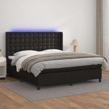 Cama box spring con colchón y LED en cuero sintético negro 180x200 cm
