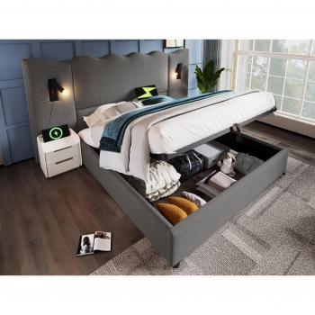 Cama con Almacenaje de Lino 160x200 cm - con Luz de Lectura y Función de Carga - con Somier - Gris