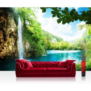 Papel Pintado Fotográfico Premium Plus fotográfico pintado – cuadro de pared – Waterfall in Paradise – Cascada LAGUNA, Paradies Lago Montañas Bosque Árboles Paisaje – No. 035, azul, Fototapete 400x280cm | PREMIUM PLUS