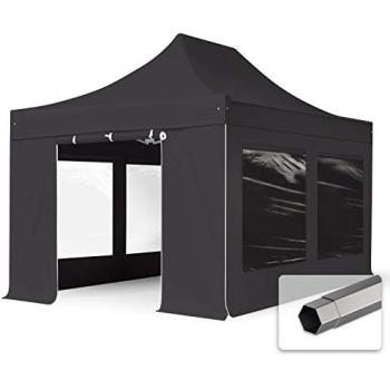 Carpa Plegable 3x4,5m Premium Acero 40mm con Laterales y Ventanas Panorámicas, Gris Oscuro