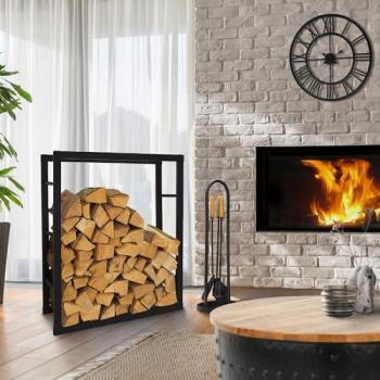 Estantería Metálica para Leña 80x100x25 cm, Soporte Organizador Negro Moderno para Interior y Exterior, Leñero Resistente a Intemperie