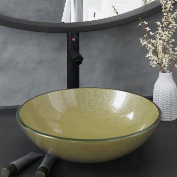 Lavabo con grifo, tapón pulsador y cristal templado dorado