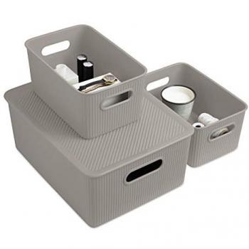 Set de 3 Cajas Organizadoras Grandes con Tapa en Plástico Taupe - Baobab Collection
