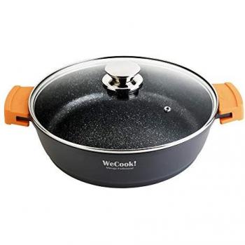 Cazuela Baja Inducción 32cm Ecochef Titanio con Tapa de Cristal, Antiadherente Ecológico sin PFOA, Aluminio Fundido, 5mm Espesor, Apta para Todas