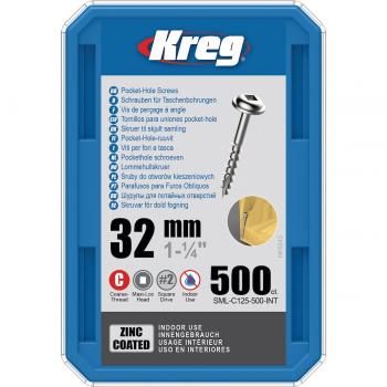 Tornillos Kreg Pocket-Hole de 32 mm, Zinc Coated, Maxi-Loc, Rosca Gruesa, Caja de 500 Unidades