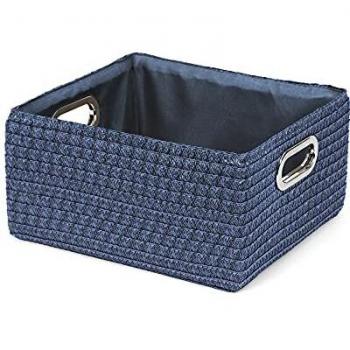 Compactor Cesta rectangular con asas metálicas, Fabricado con trigo trenzado, Modelo Poly, Color azul marino, Tamaño: 32 x 30 x 16 cm, RAN6114