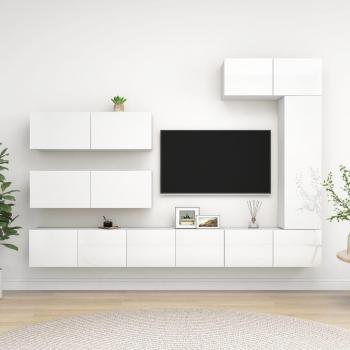 Set de muebles de salón TV 7 piezas madera ingeniería blanco brillo 100 x 30 x 30 cm