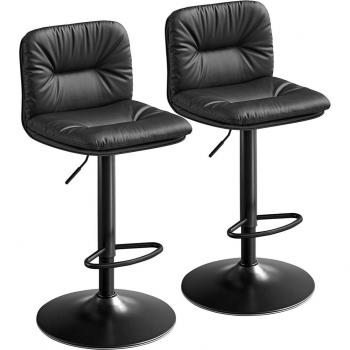 Juego de 2 Taburetes de Bar Regulables en Altura con Respaldo y Reposapiés, Giratorios 360°, Funda de PU, para Cocina, Color Negro