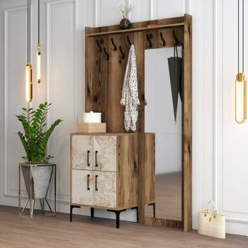 Consola de entrada Pollux, mueble multifuncional para perchas y almacenamiento, 120x35h200 cm, nogal y blanco