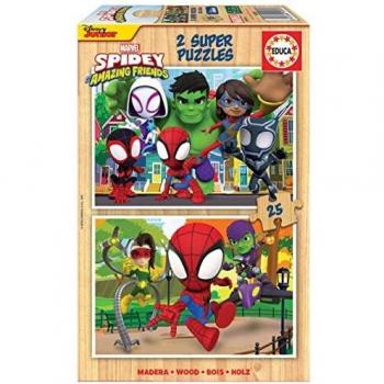 Educa - 2x25 Spidey & His Amazing Friends, 2 Puzzles de Madera ecológica Resistente con 25 Piezas Cada
