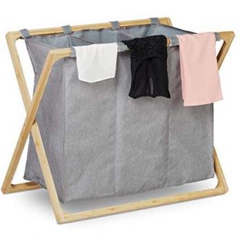 Cesto Ropa Sucia Plegable con 3 Compartimientos de 28L, Armazón de Bambú, Gris/Natural - Relaxdays