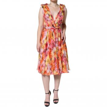 Multicolor Floral Silk V-Neck Midi Dress - Size S