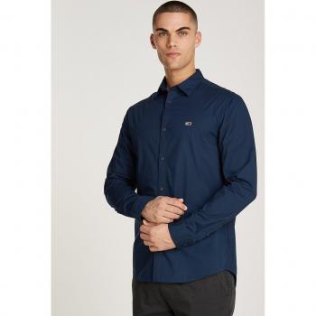 Camisa hombre popelín elástica Slim fit Tommy Jeans blanca, manga larga, diseño Slim fit, material popelín elástico