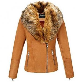 BELLIVERA Giacca Corta da Donna in Ecopelle Scamosciata, Giacca da Moto con Colletto in Pelliccia Sintetica Staccabile e Fodera in Pile con Fodera in Pile per l'Inverno e l’Autunno, Marrón, S
