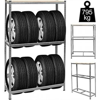 Estantería para Neumáticos de Acero Galvanizado 180x120x40cm, Carga Máxima 795kg, Capacidad para 8 Llantas
