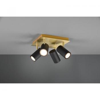 Plafón Marley Cuadrado 4 Focos Orientables Cilíndricos Negros con Base Dorada 240x240mm