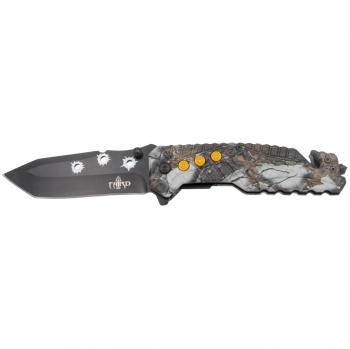 Navaja de seguridad asistida Third K2801CSL con mango de Aluminio recubierto en camo gris y hoja de Acero 420 de 10.2 cm, incluye cutter para cinturón de seguridad y punta rompevidrio
