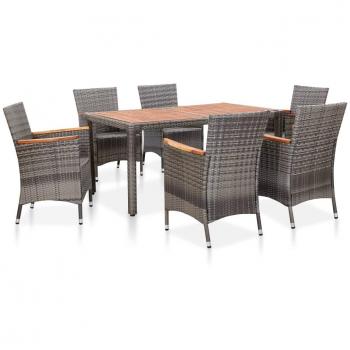 Set de comedor para jardín 7 piezas con cojines de ratán sintético gris