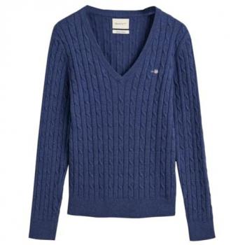 Suéter de punto trenzado para mujer Gant, cuello en pico, algodón elástico, color azul marino, talla M
