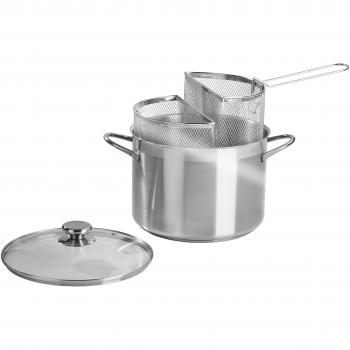 Spaghettiera Doppio Cestello de Acero Inoxidable con Tapa de Vidrio, Diámetro 24 cm, Capacidad 9.5 lt