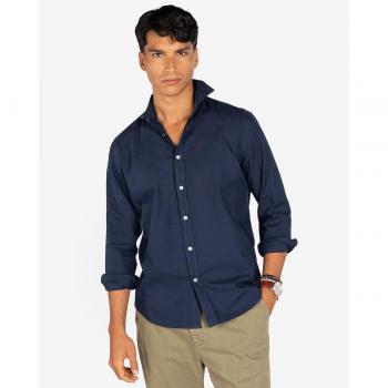 Camisa de algodón de hombre corte slim lisa azul marino