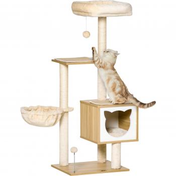 Árbol rascador para gatos con plataforma, hamaca, caseta, cama, postes 48x40x126 cm beige