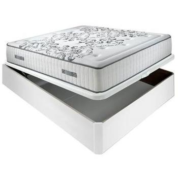 Colchón muelles ensacados 28 cm con acogida gradual + Canapé abatible de madera 3D transpirable, altura 34 cm, color blanco, tamaño 160x200 cm