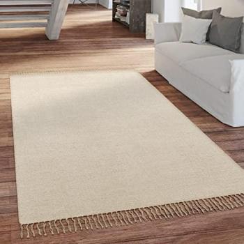 Alfombra Salón Tejido Plano con Flecos Hecha a Mano Color Monocolor 160x220 cm, Beige