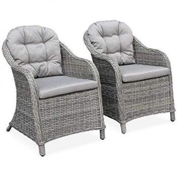 Juego de 2 Sillones de Resina Trenzada Curvada - Lecco Gris - Cojines Beiges - Estructura de Aluminio