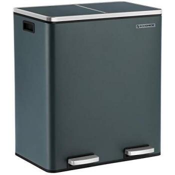Songmics Basurero de Reciclaje con 2 Compartimientos de 30L, Pedal de Metal, Cubos Interiores de Plástico, Tapa con Bisagras, Cierre Suave, Hermético, Gris Verd