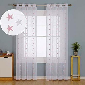 Deconovo Cortinas Translúcidas Visillos para Salón Moderna Blancas Cortinas con Estrellas Rosas para Habitación de Niños 1 Par 140 x 260 cm Rosa Estrellas Grandes