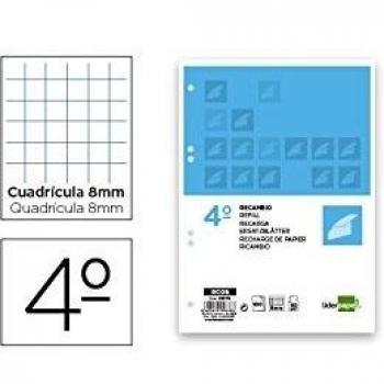 RECAMBIO LIDERPAPEL CUARTO 100 HOJAS 60G/M2 CUADRO 8MM CON MARGEN 6 TALADROS