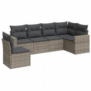 6-Piece Grey Poly Rattan Garden Sofa Set with Cushions