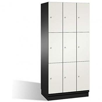 Armario de compartimentos bajo llave C+P CAMBIO 3 departamentos, color negro/gris y blanco, puertas HPL, ancho 900 mm, 9 compartimentos